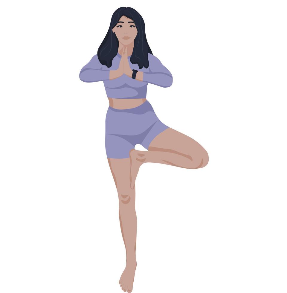 A young woman in purple with dark hair standing in a yoga tree pose in vector