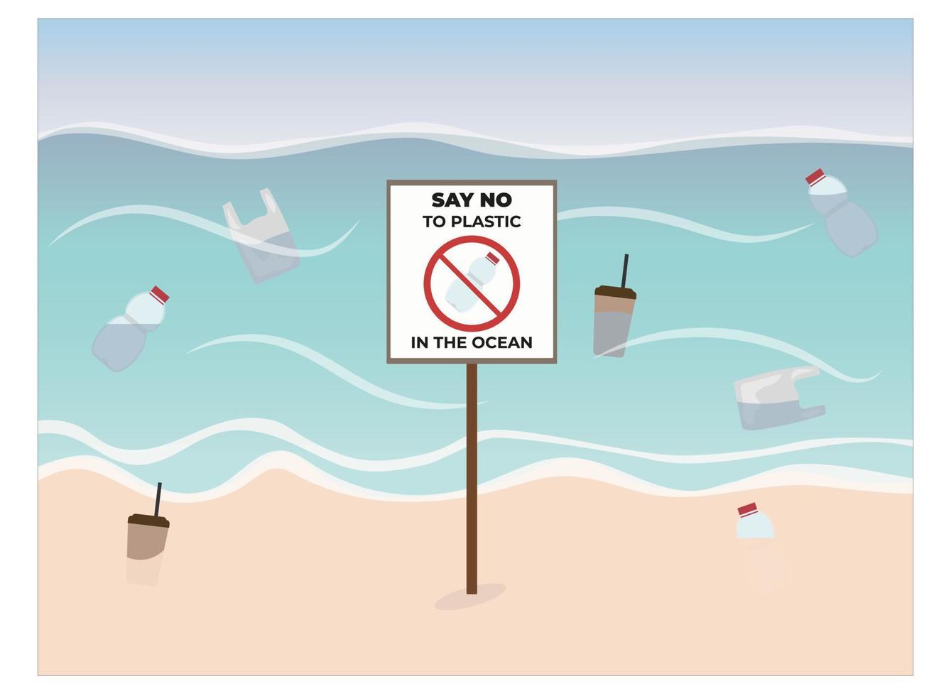 Poster against ocean pollution with bottles, bags and cups in the water and on the shore in vector