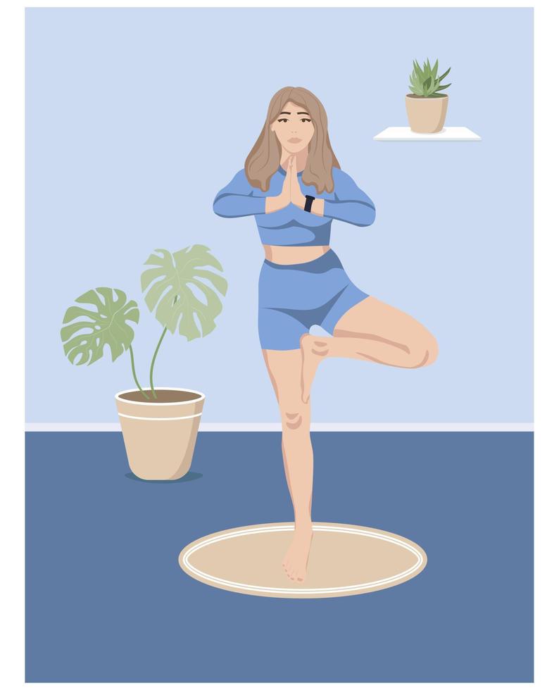 mujer joven en pose de árbol de yoga con cactus y monstera en cartel de vector