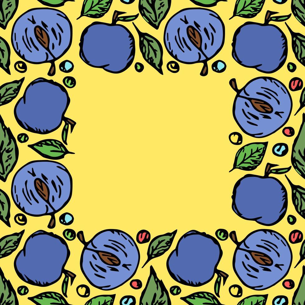 plum frame. Colored plum background with place for text. Doodle vector illustration with fruits