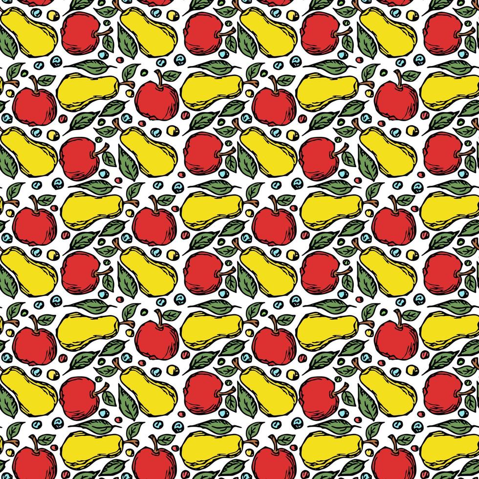 Seamless fruit pattern. Colored apple and pear background. Doodle vector illustration with fruits