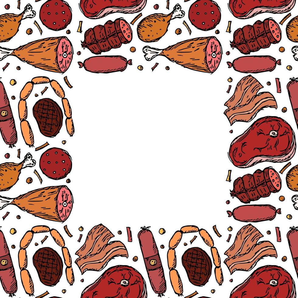 Seamless meat pattern with place for text. Colored meat background. Doodle vector illustration with meat products icons
