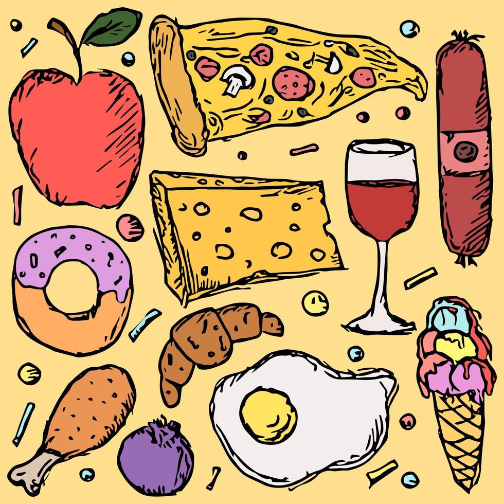 food icons. Colored food background. Doodle vector illustration with food icon