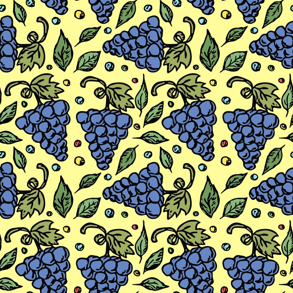 Seamless grape pattern. Doodle vector with grape icons. Vintage grape pattern