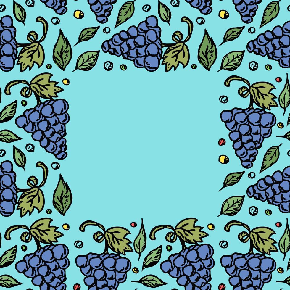 Seamless grape pattern with place for text. Doodle vector with grape icons. Vintage grape pattern