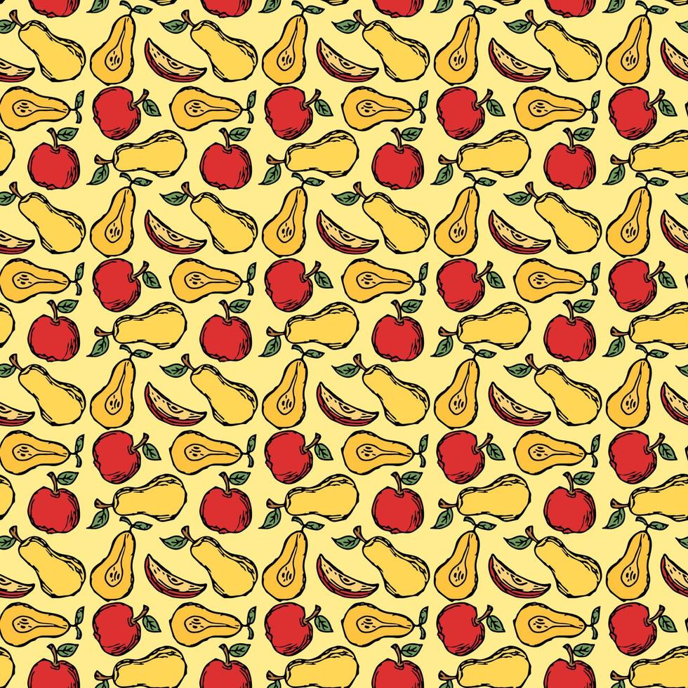 Seamless fruit pattern. Colored apple and pear background. Doodle vector illustration with fruits