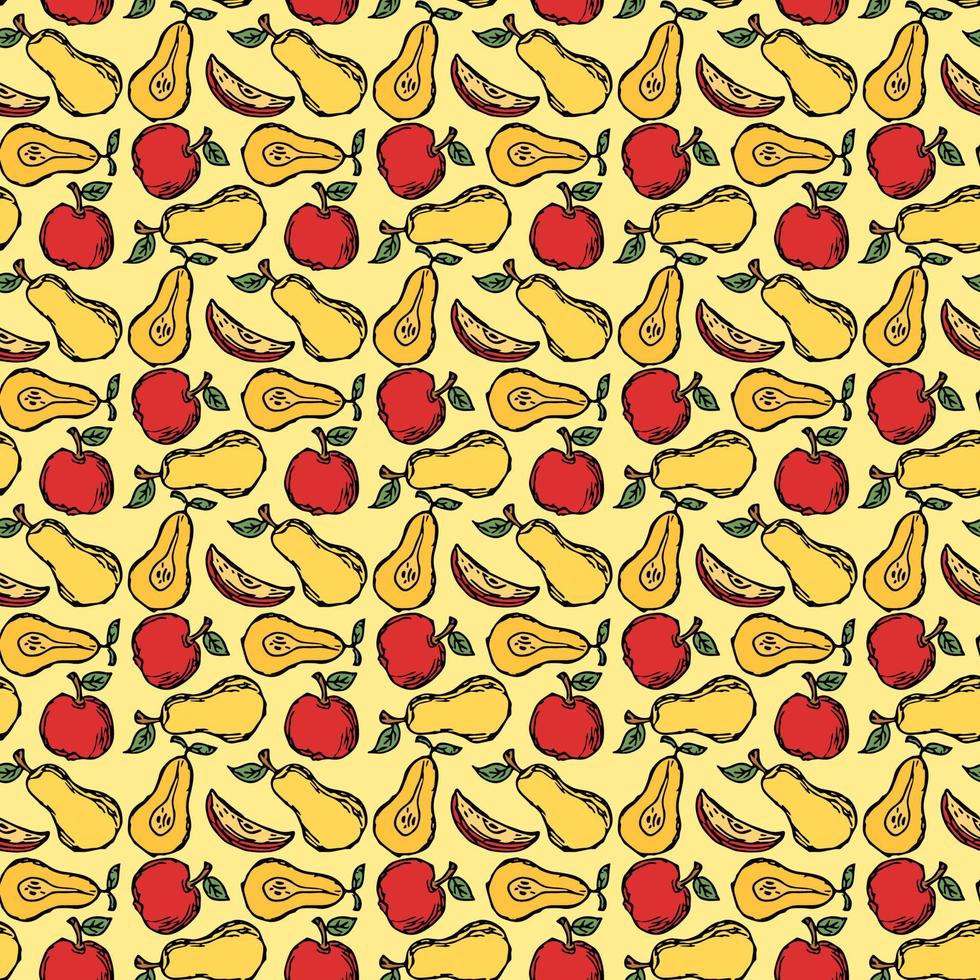 Seamless fruit pattern. Colored apple and pear background. Doodle vector illustration with fruits