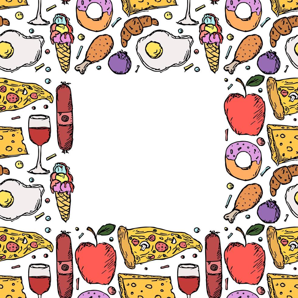 marco de comida sin costuras. fondo de comida con lugar para texto. garabato, vector, ilustración, con, alimento, icono vector