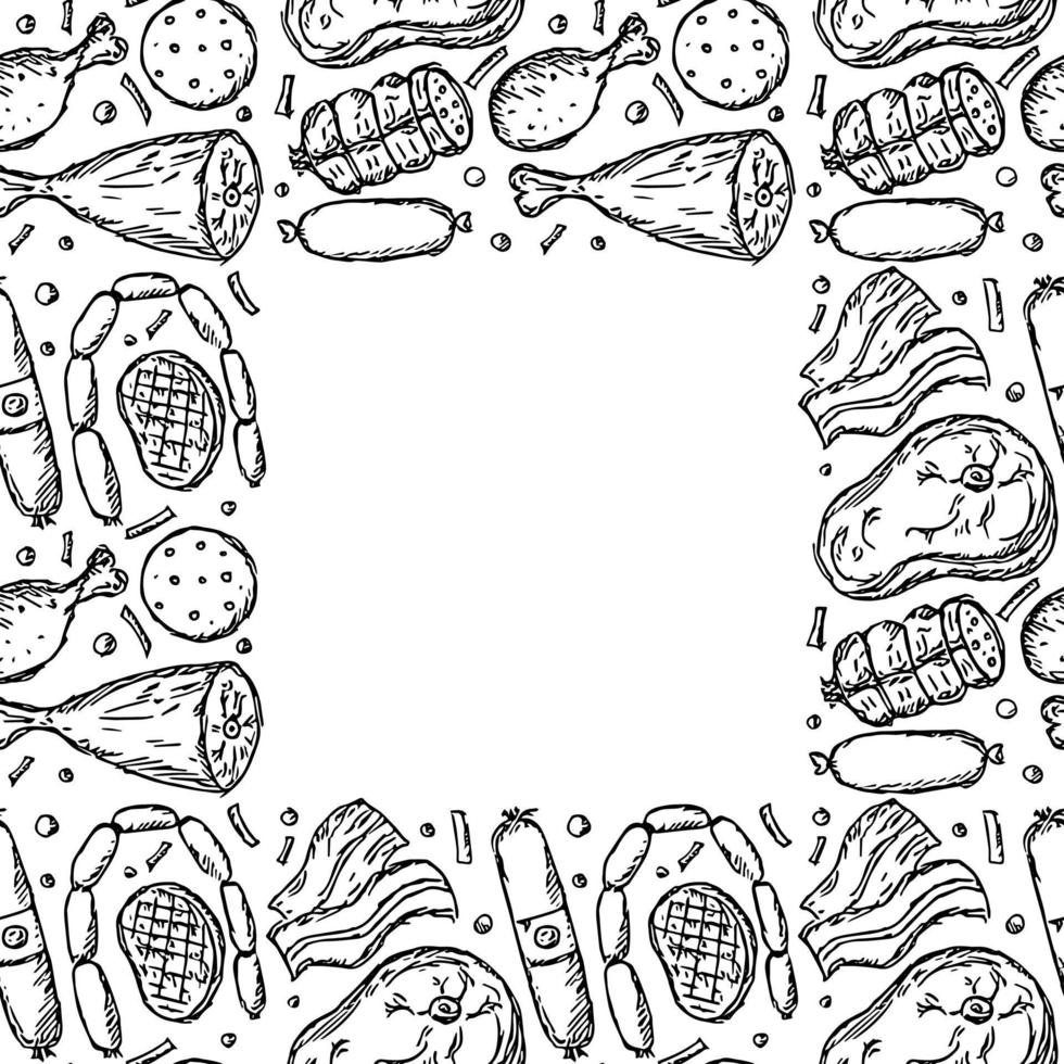 patrón de carne sin fisuras con lugar para el texto. fondo de carne blanco y negro. garabato, vector, ilustración, con, productos cárnicos, iconos vector