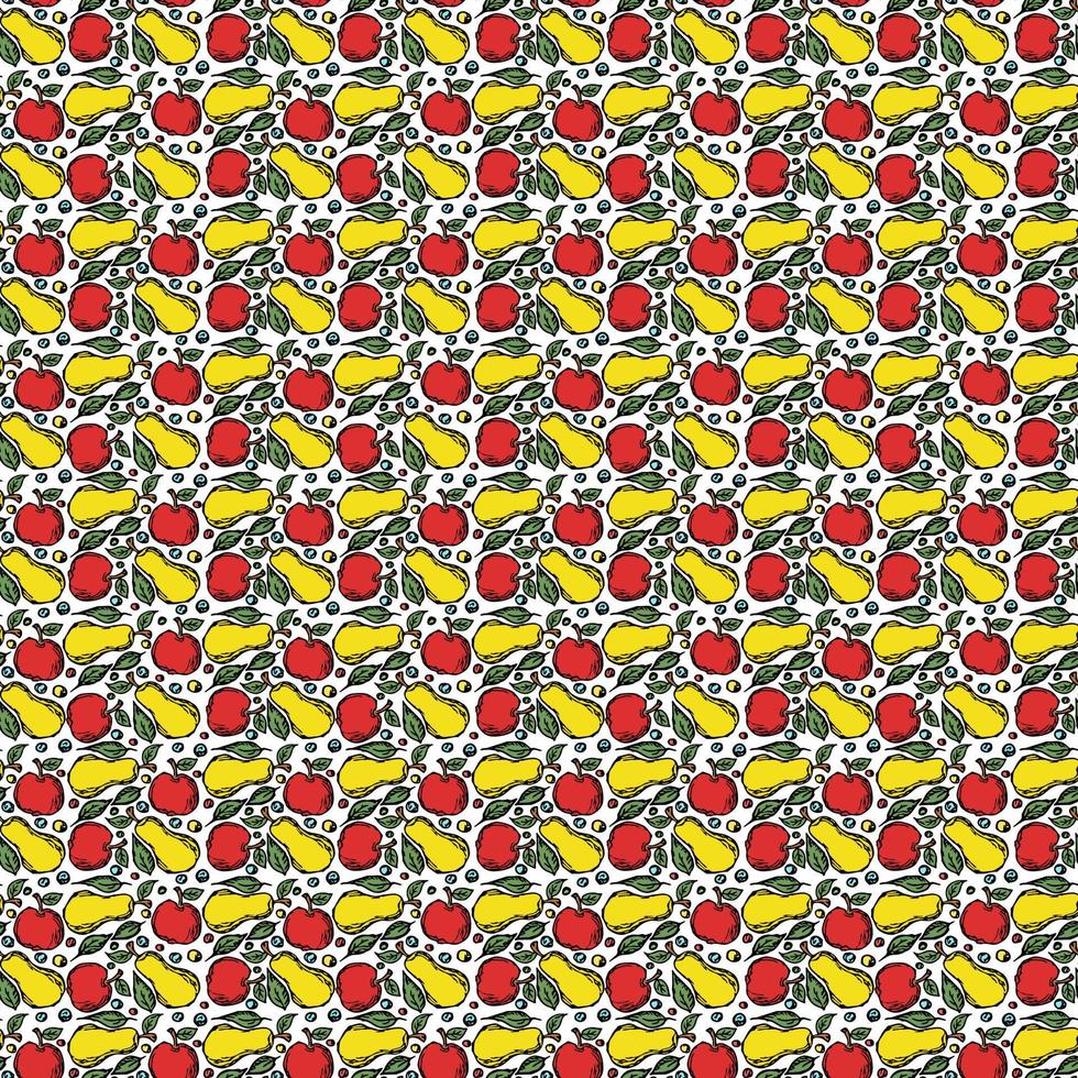 Seamless fruit pattern. Colored apple and pear background. Doodle vector illustration with fruits