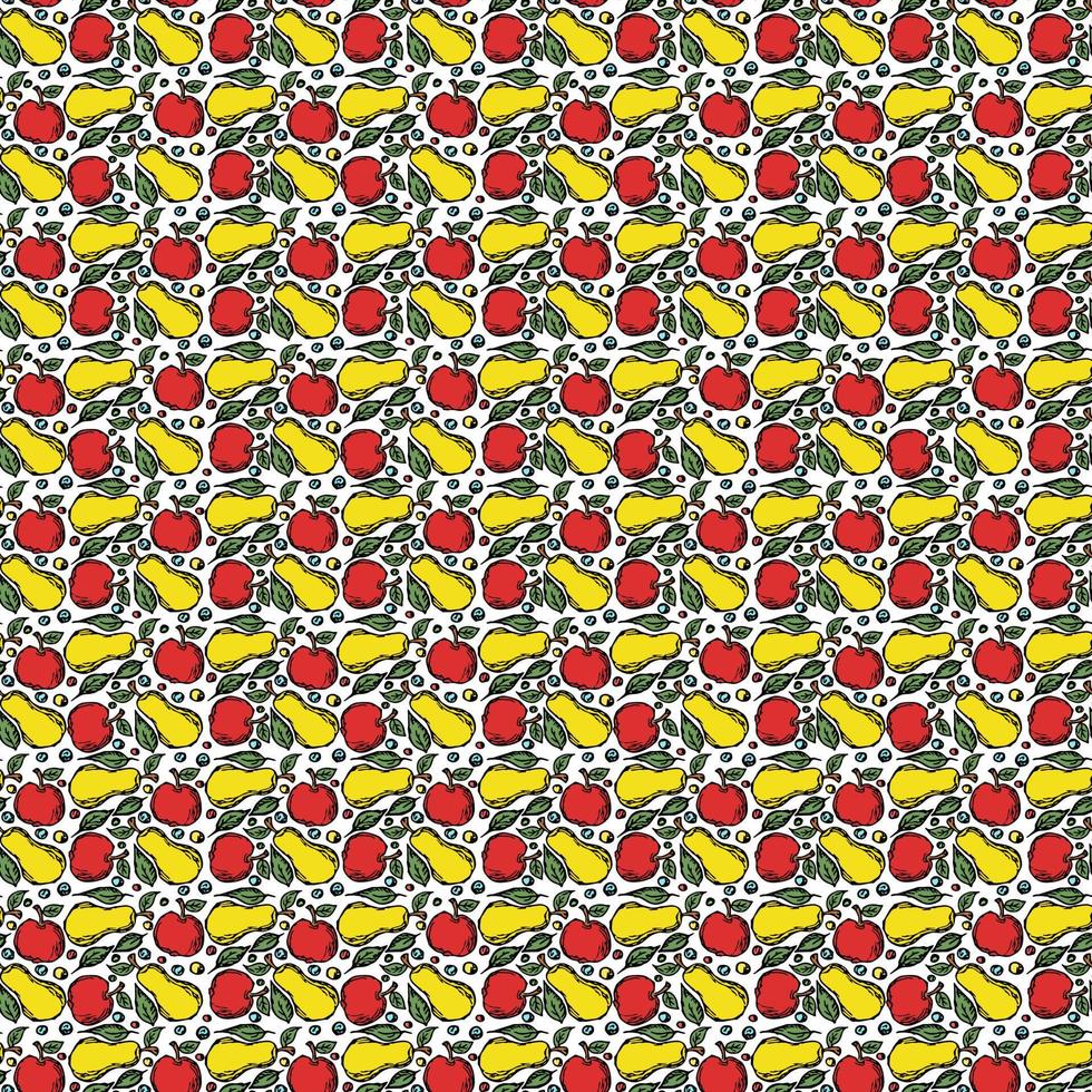 Seamless fruit pattern. Colored apple and pear background. Doodle vector illustration with fruits