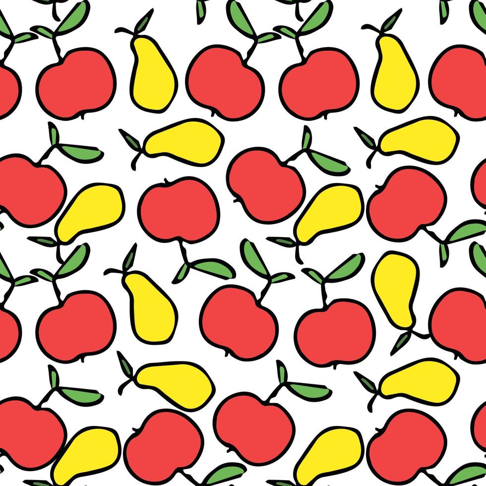 Seamless fruit pattern. Colored apple and pear background. Doodle vector illustration with fruits