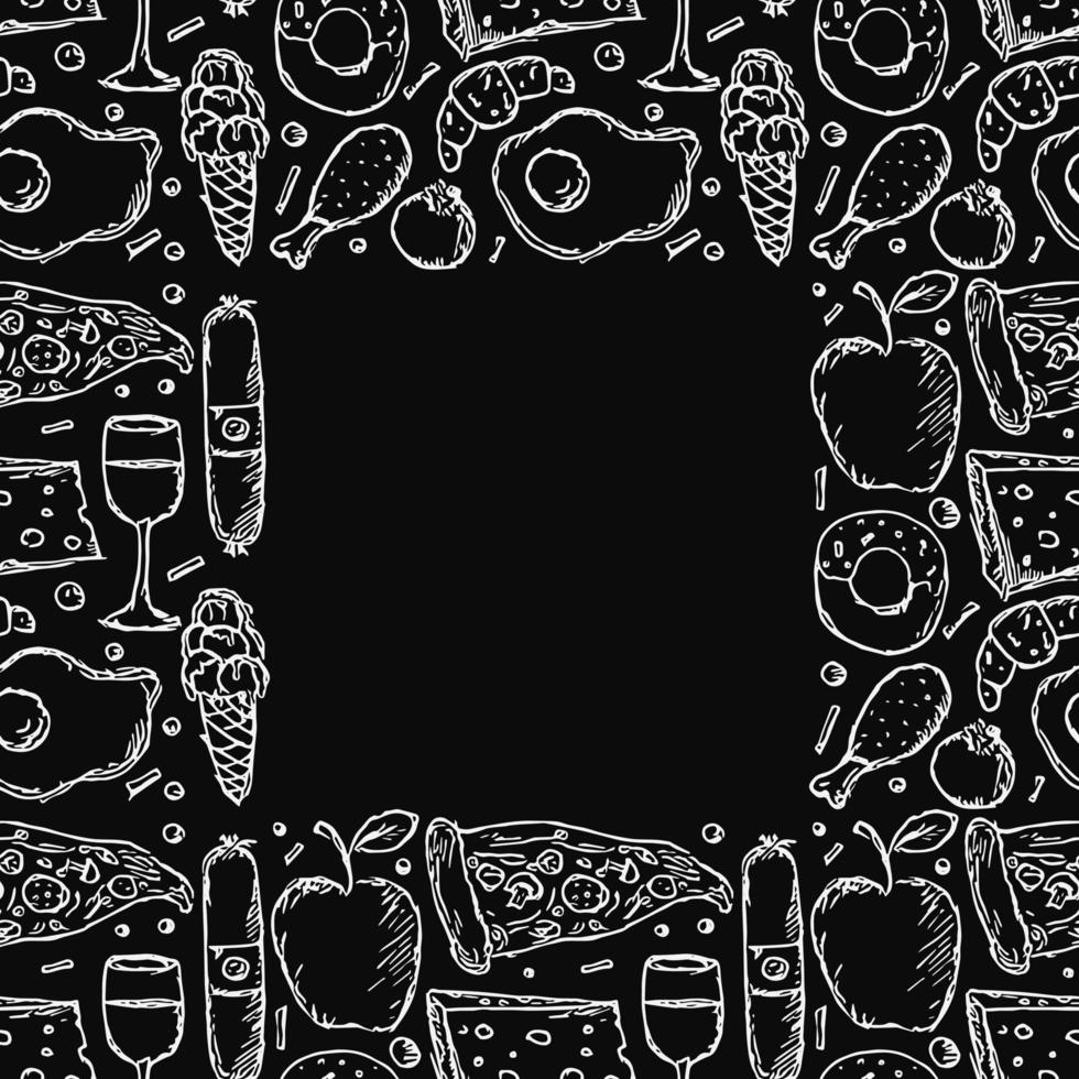 Seamless food pattern. Food background with place for text. Doodle vector illustration with food icon