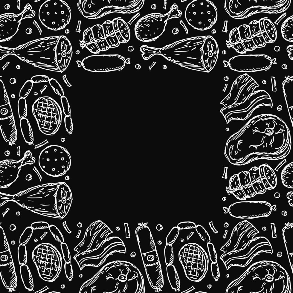 Seamless meat pattern with place for text. Black and white meat background. Doodle vector illustration with meat products icons