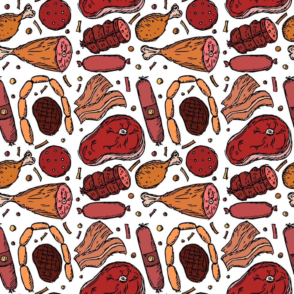 Seamless meat pattern. Colored meat background. Doodle vector illustration with meat products icons