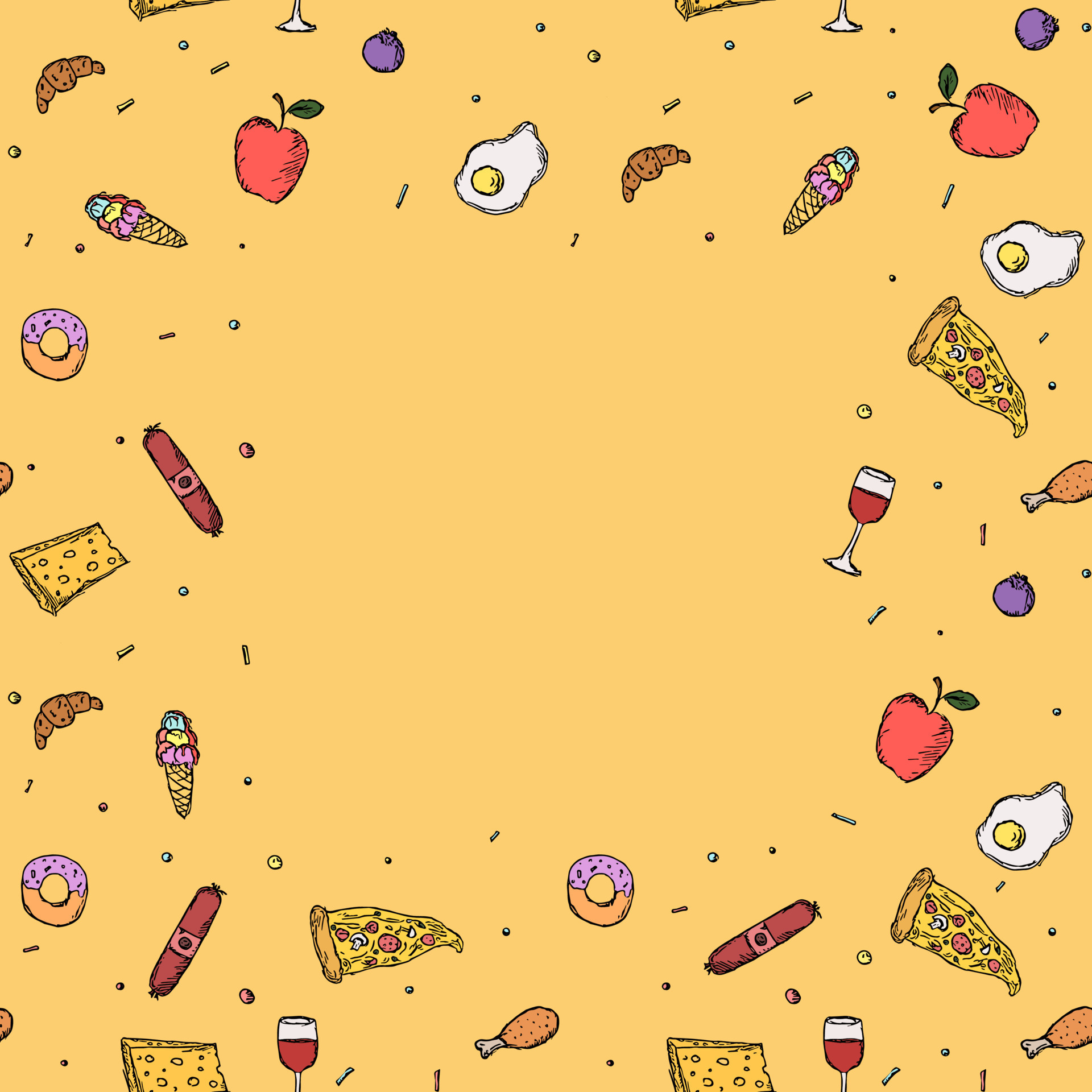 Seamless food frame. Food background with place for text. Doodle vector