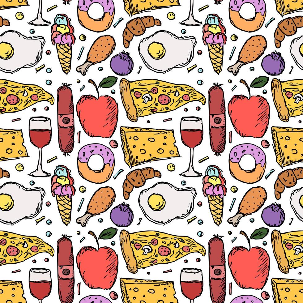 patrón de alimentos sin fisuras. fondo de comida. garabato, vector, ilustración, con, alimento, icono vector