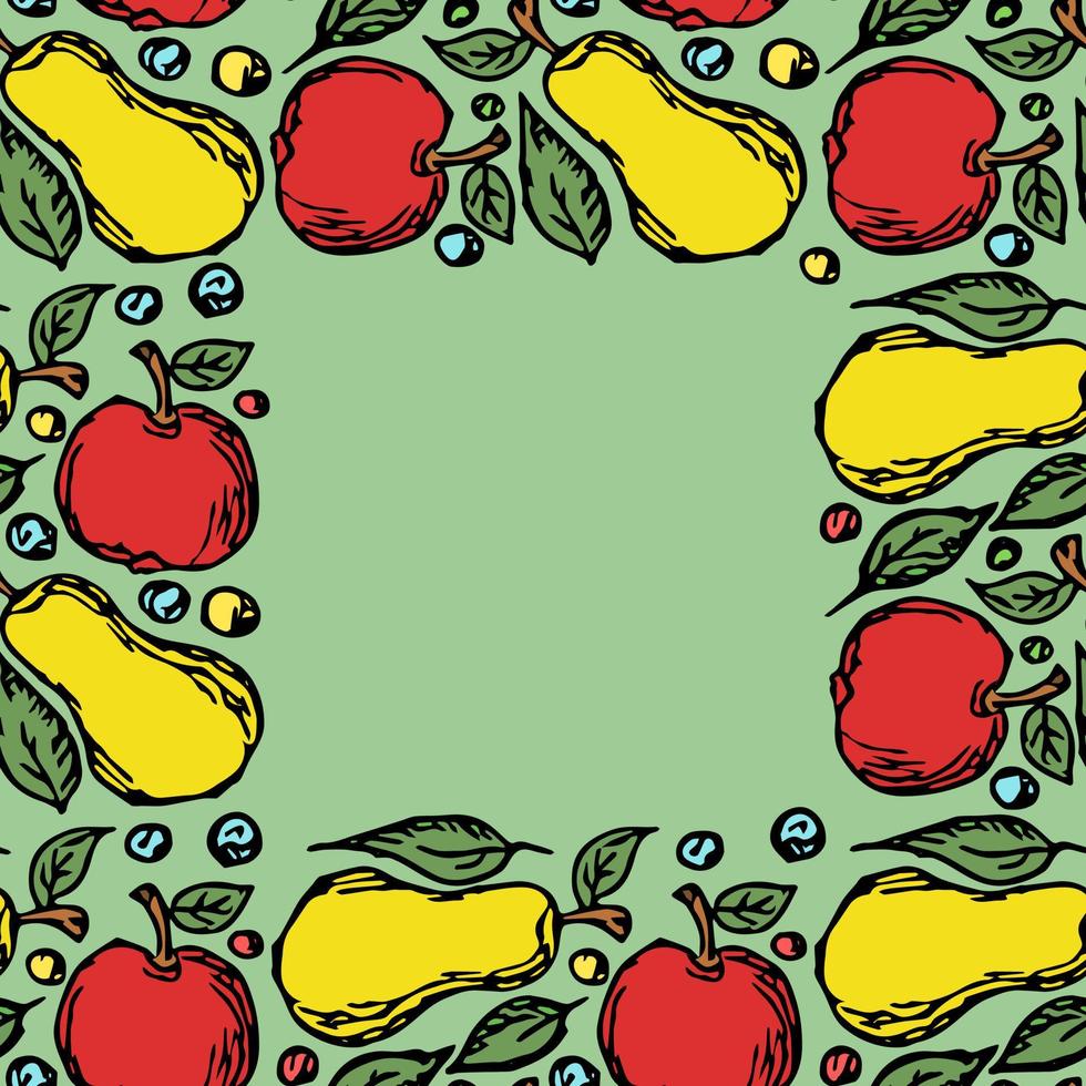 patrón de frutas sin fisuras. fondo coloreado de manzana y pera. garabato, vector, ilustración, con, frutas vector