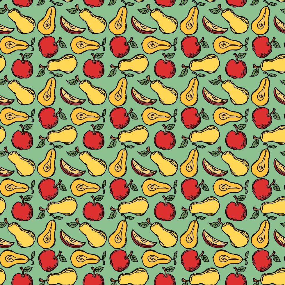 Seamless fruit pattern. Colored apple and pear background. Doodle vector illustration with fruits