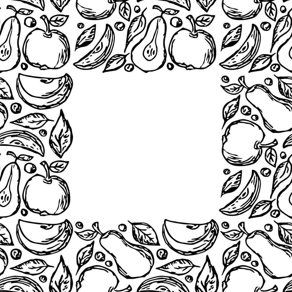 marco de fruta sin costuras. fondo de manzana y pera con lugar para texto. garabato, vector, ilustración, con, frutas vector