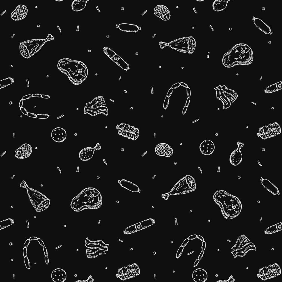 Seamless meat pattern. Black and white meat background. Doodle vector illustration with meat products icons