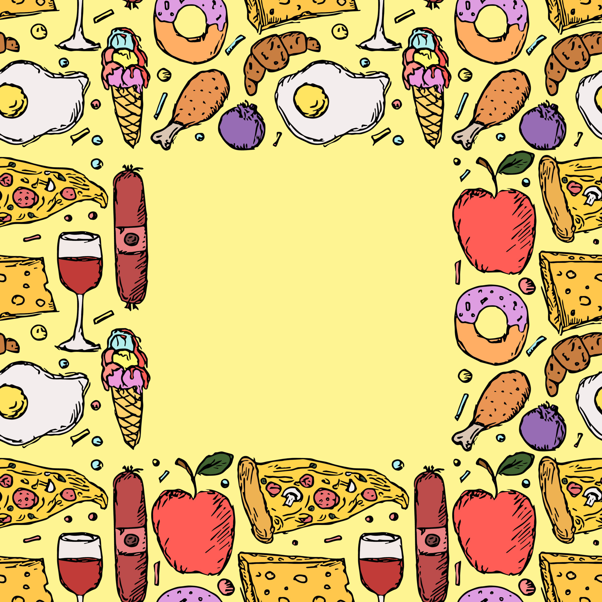 Seamless food frame. Food background with place for text. Doodle vector  illustration with food icon 8877885 Vector Art at Vecteezy