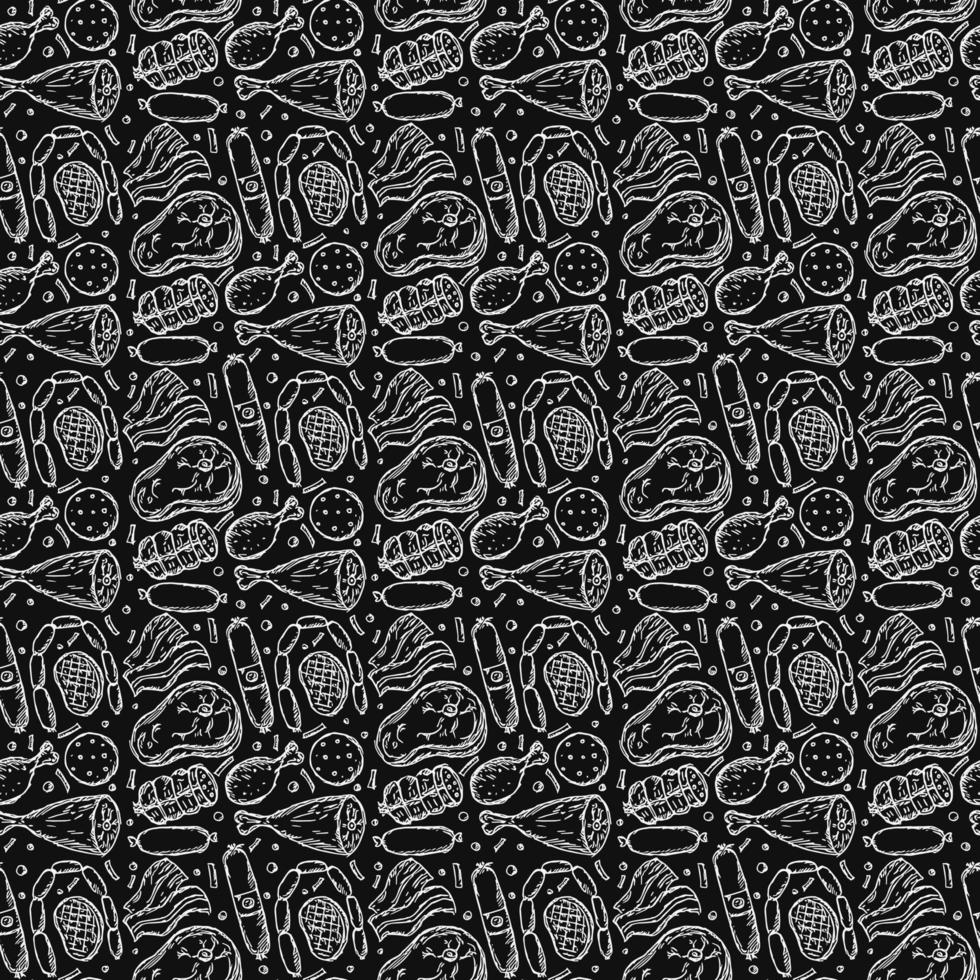 Seamless meat pattern. Black and white meat background. Doodle vector illustration with meat products icons