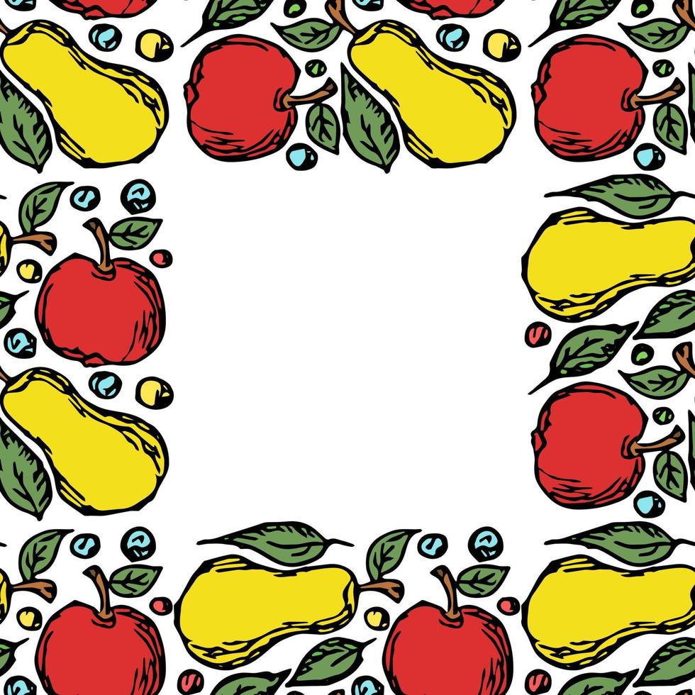 Seamless fruit pattern. Colored apple and pear background. Doodle vector illustration with fruits