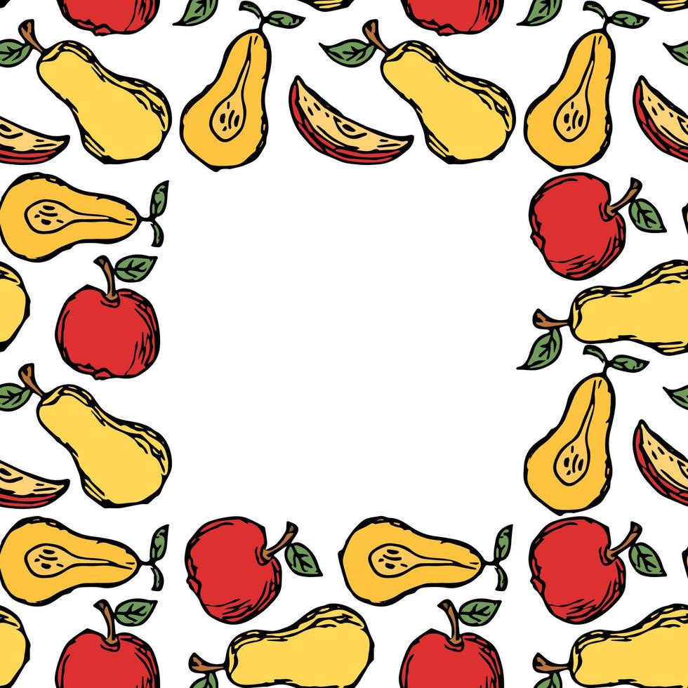 Seamless fruit pattern. Colored apple and pear background. Doodle vector illustration with fruits
