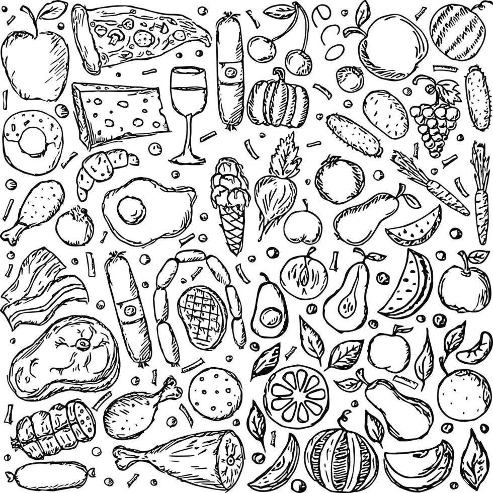 iconos de comida fondo de alimentos vectoriales. garabato, ilustración, con, alimento, icono vector