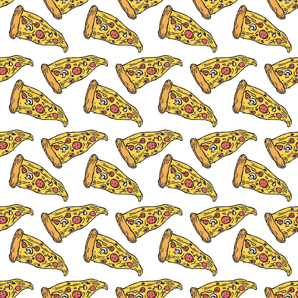 Seamless pizza pattern. Colored pizza background. Doodle vector pizza illustration