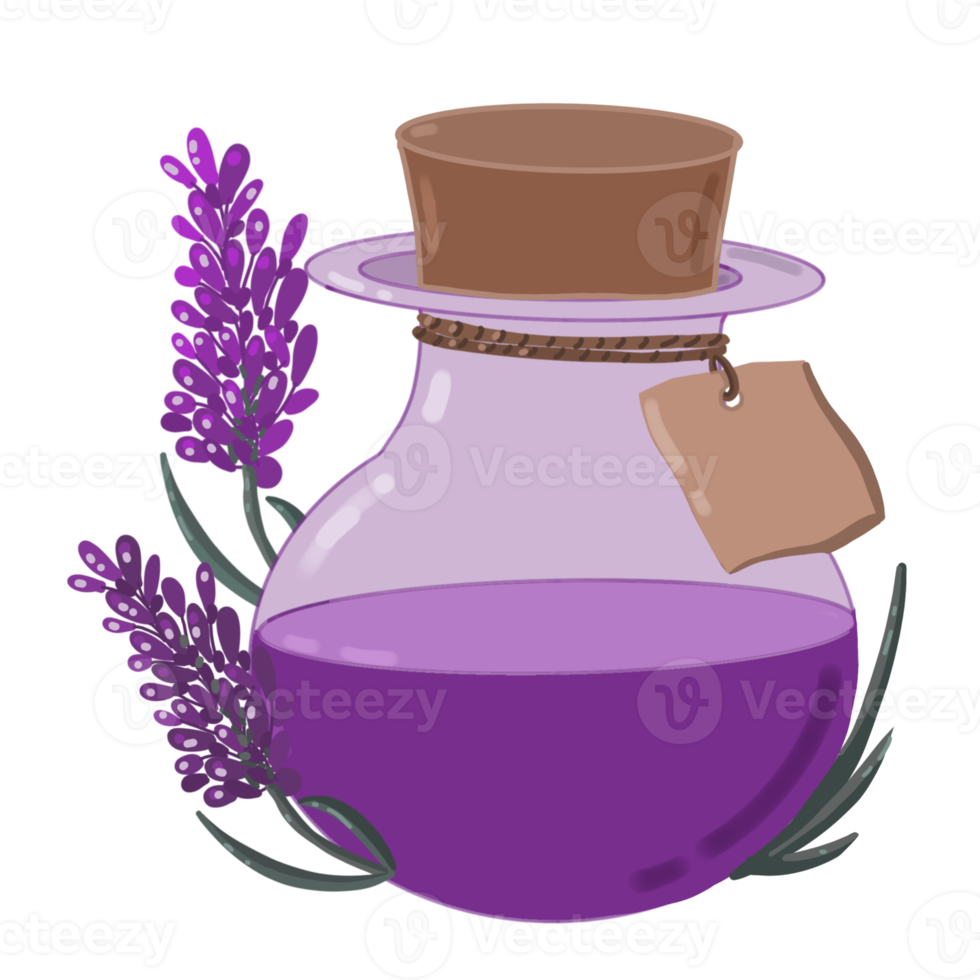 botella con aceite esencial y flor de lavanda png