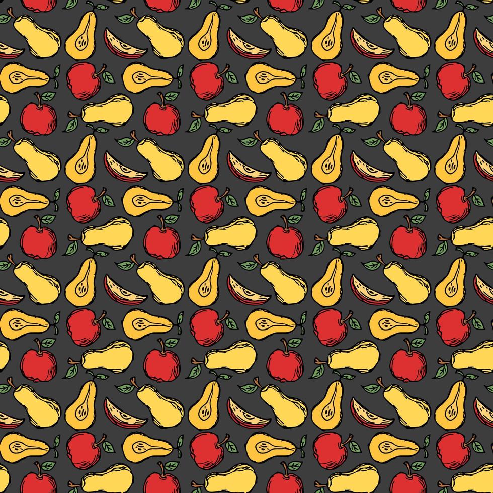 Seamless fruit pattern. Colored apple and pear background. Doodle vector illustration with fruits