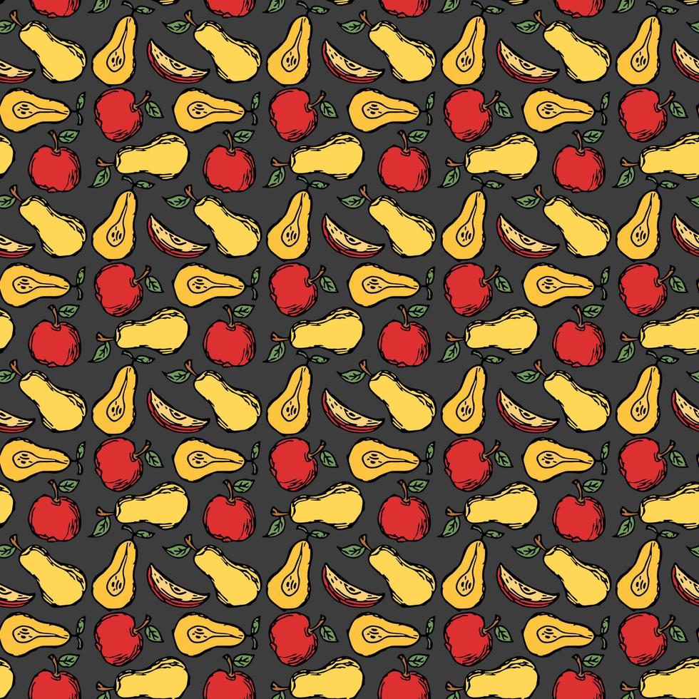 Seamless fruit pattern. Colored apple and pear background. Doodle vector illustration with fruits