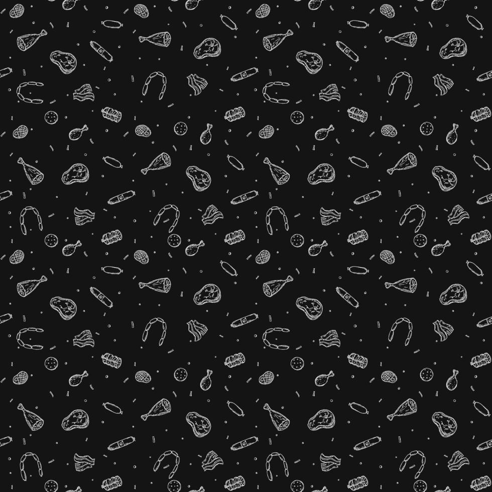Seamless meat pattern. Black and white meat background. Doodle vector illustration with meat products icons