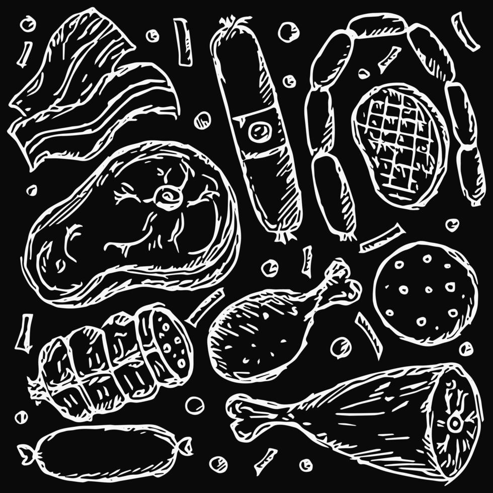 Vector meat icons. Doodle vector illustration with meat products icons