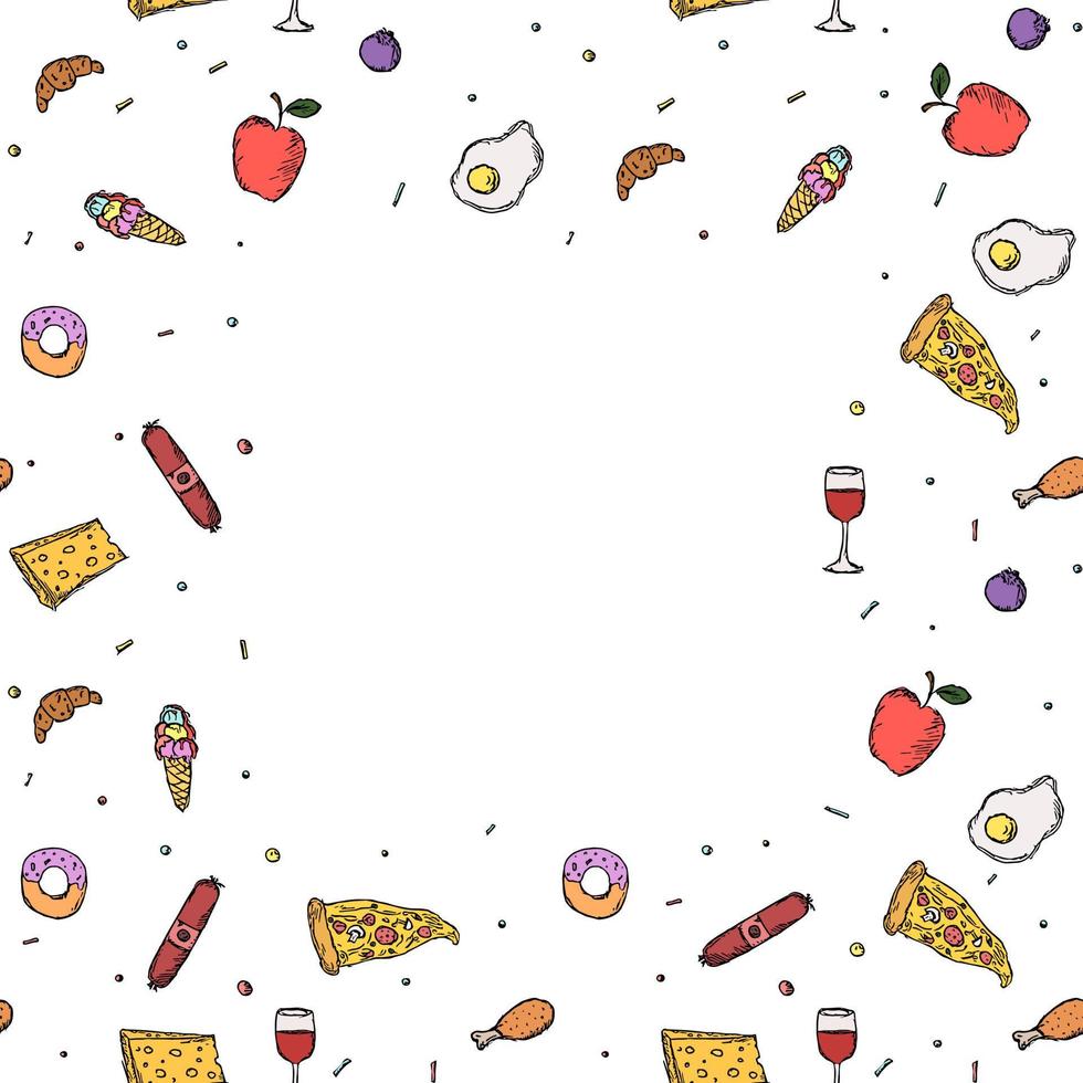 marco de comida sin costuras. fondo de comida con lugar para texto. garabato, vector, ilustración, con, alimento, icono vector