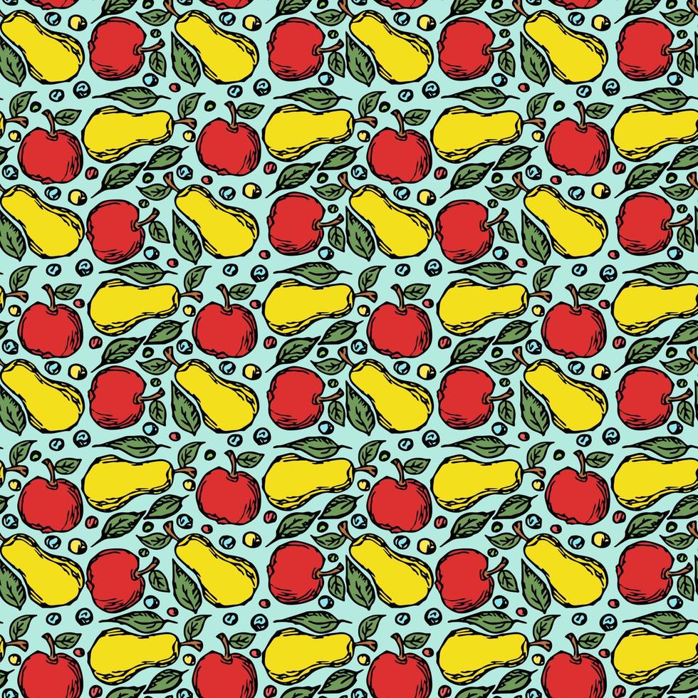 Seamless fruit pattern. Colored apple and pear background. Doodle vector illustration with fruits