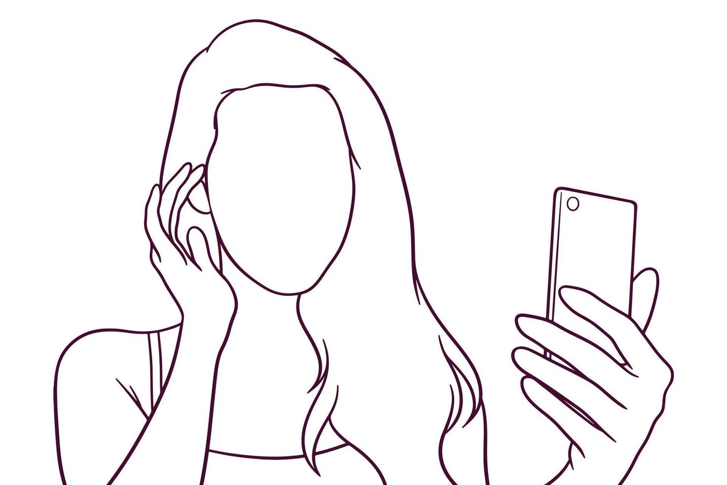 young beautiful girl taking selfie. hand drawn style vector illustration