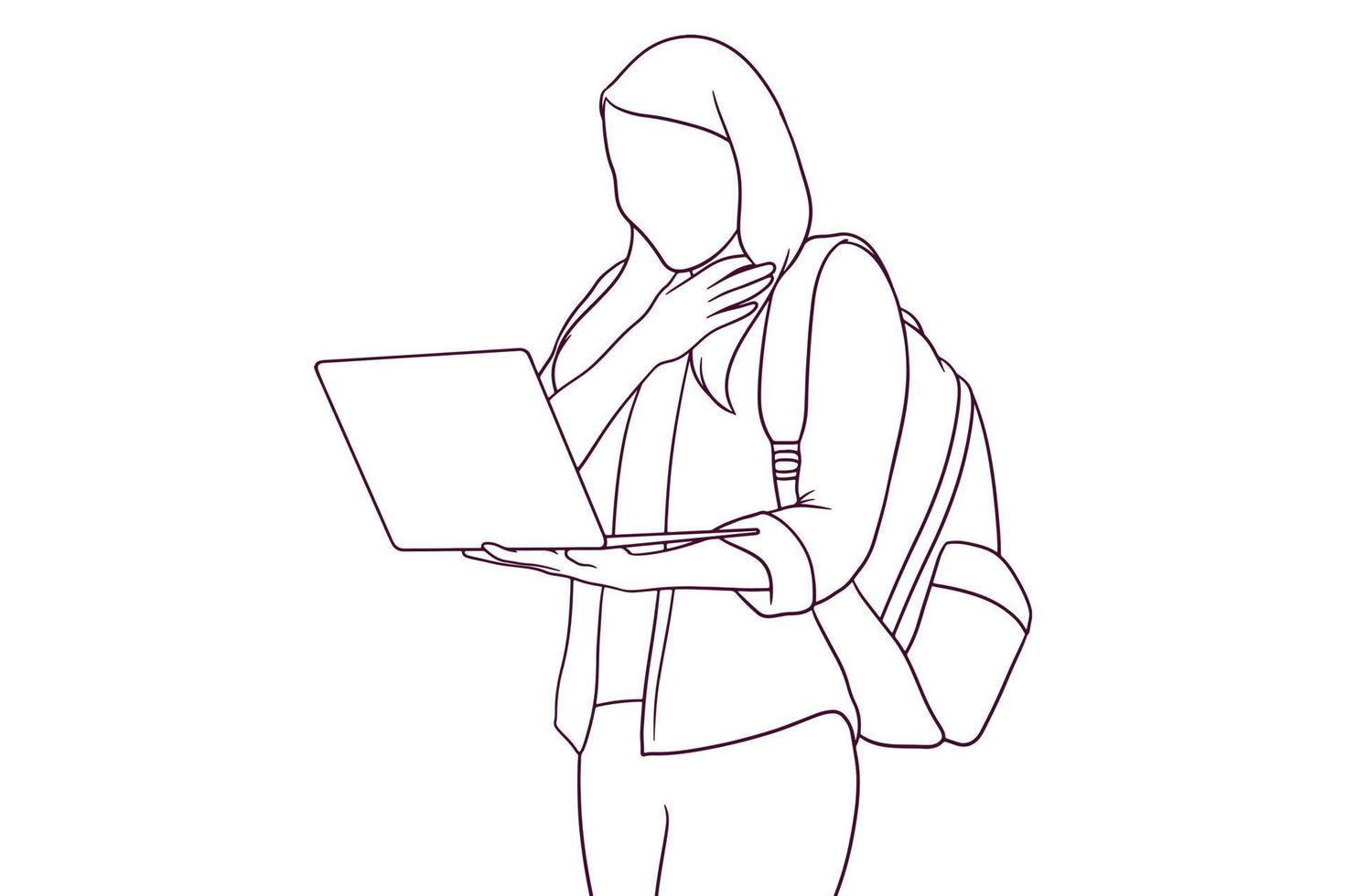 surprised girl student with backpack while using laptop. hand drawn style vector illustration