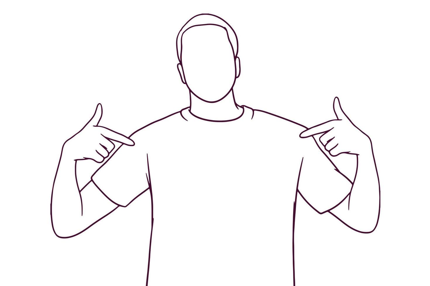 young man pointing his fingers on a blank t-shirt. hand drawn style vector illustration