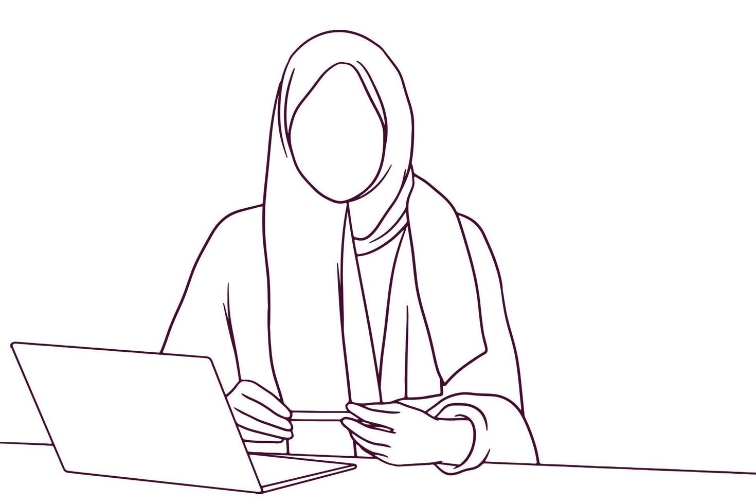 empresaria en hijab trabajando en una computadora portátil. ilustración de vector de estilo dibujado a mano