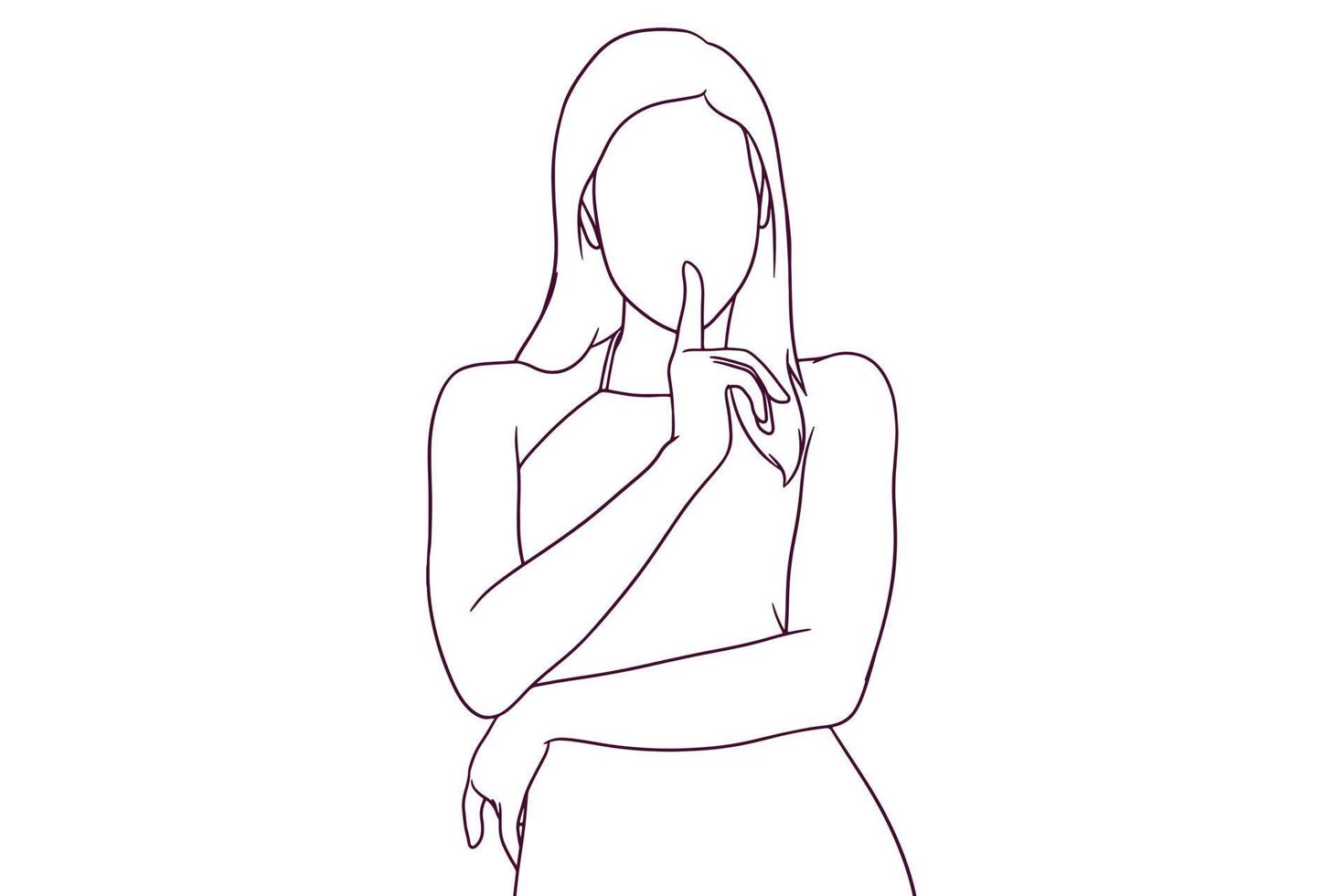 beautiful woman showing silence gesture. hand drawn style vector illustration