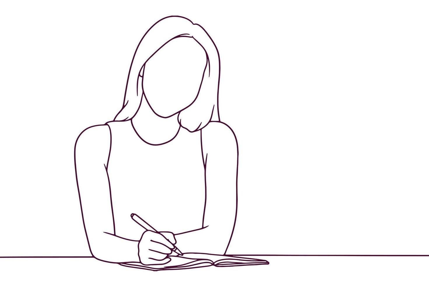 hermosa mujer escribiendo en un cuaderno. ilustración de vector de estilo dibujado a mano