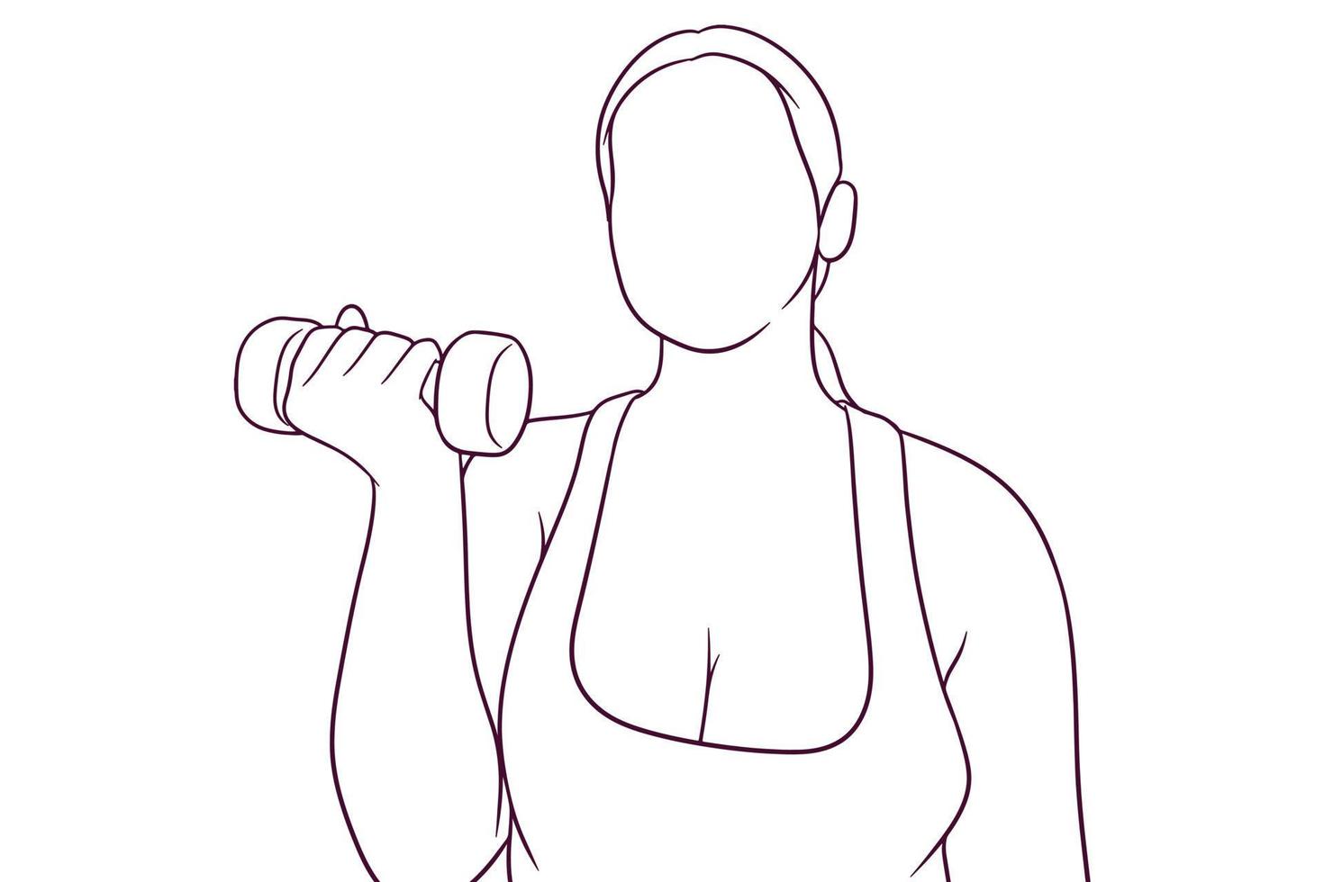 mujer fitness sosteniendo una mancuerna. concepto de vida saludable. ilustración de vector de estilo dibujado a mano