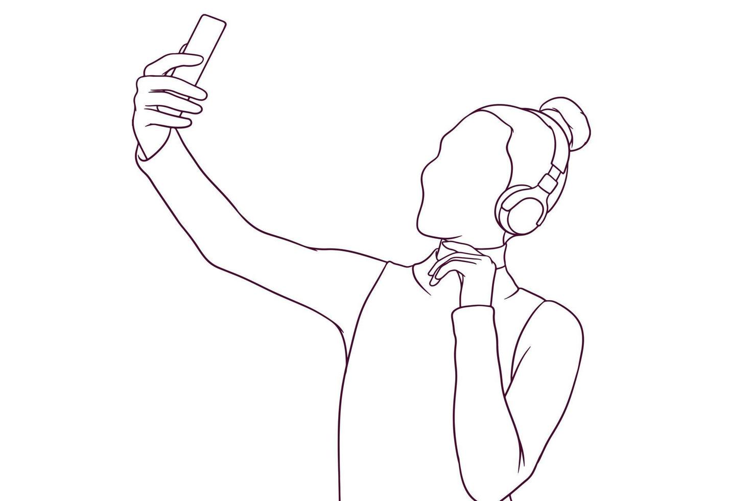 beautiful girl with earphone take selfie. hand drawn style vector illustration