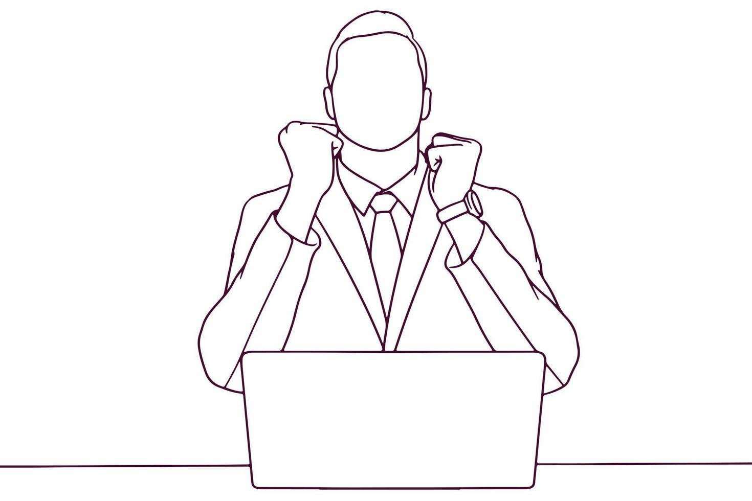 businessman in suit showing happy reaction while using a laptop. business concept. hand drawn style vector illustration