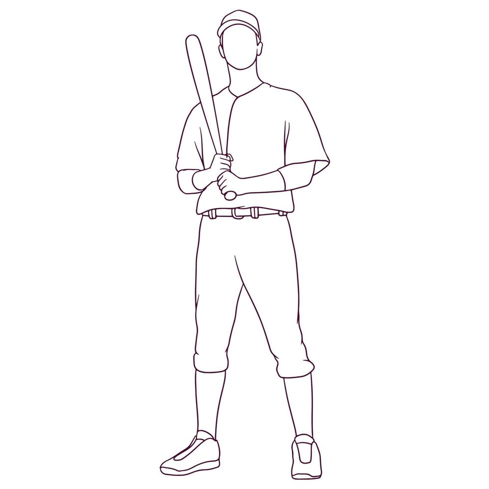 standing baseball player while holding bat. hand drawn style vector illustration