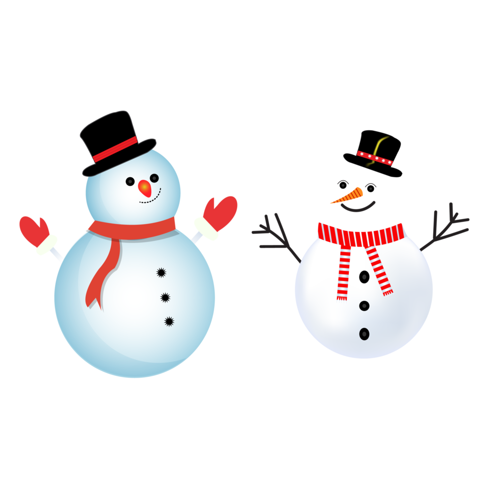 Christmas element design with a happy snowman. A winter snowman with a smiling face, neck muffler, gloves, hat, and buttons. Cute snowman vector design on a blue background. png