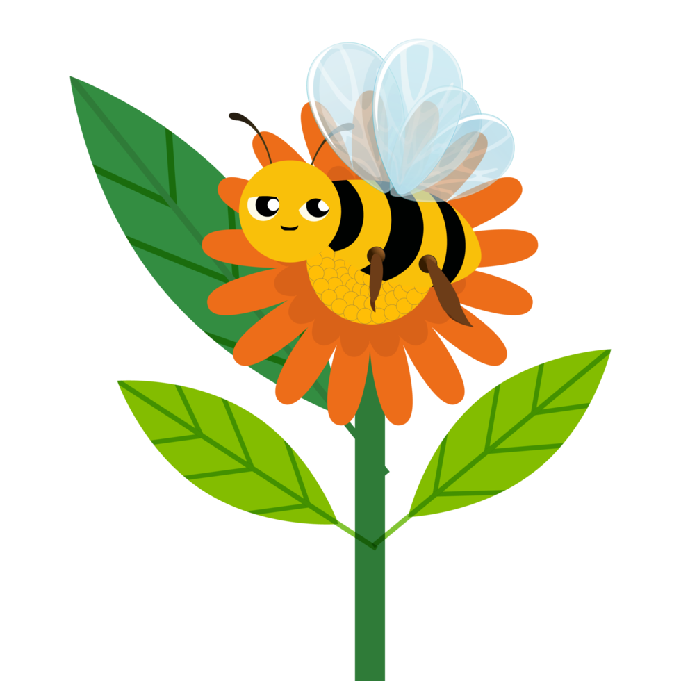 Bees fly over the flower garden and collect honey from the plant vector concept. Cute smiling bees fly and collect nectar from the daisy flowers vector. Greenland with flower garden and blue skies. png